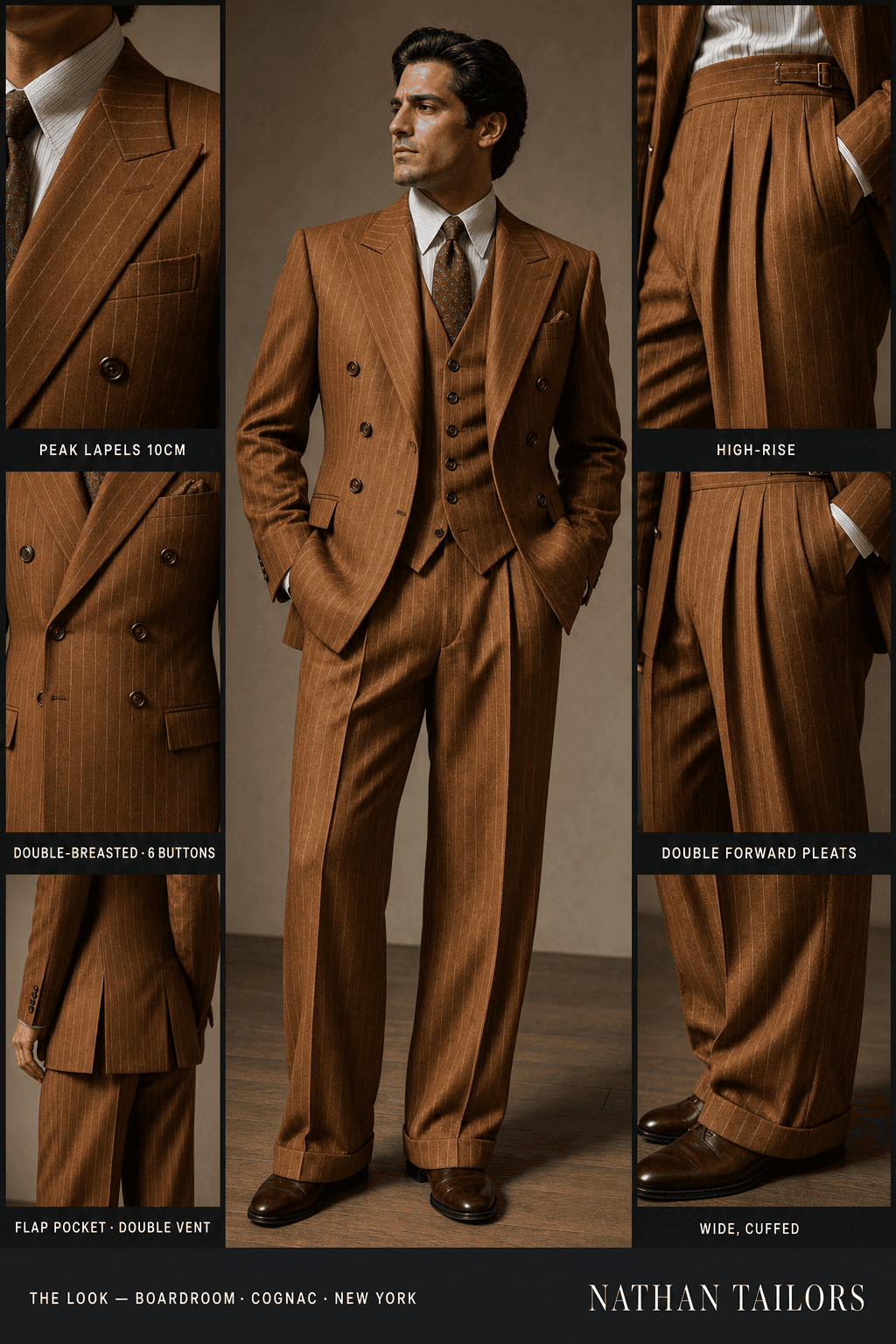 cognac chalk stripe double-breasted peak-lapel online custom suit — designed online at RemoteSuit. Made-to-measure online custom suit available from $149.