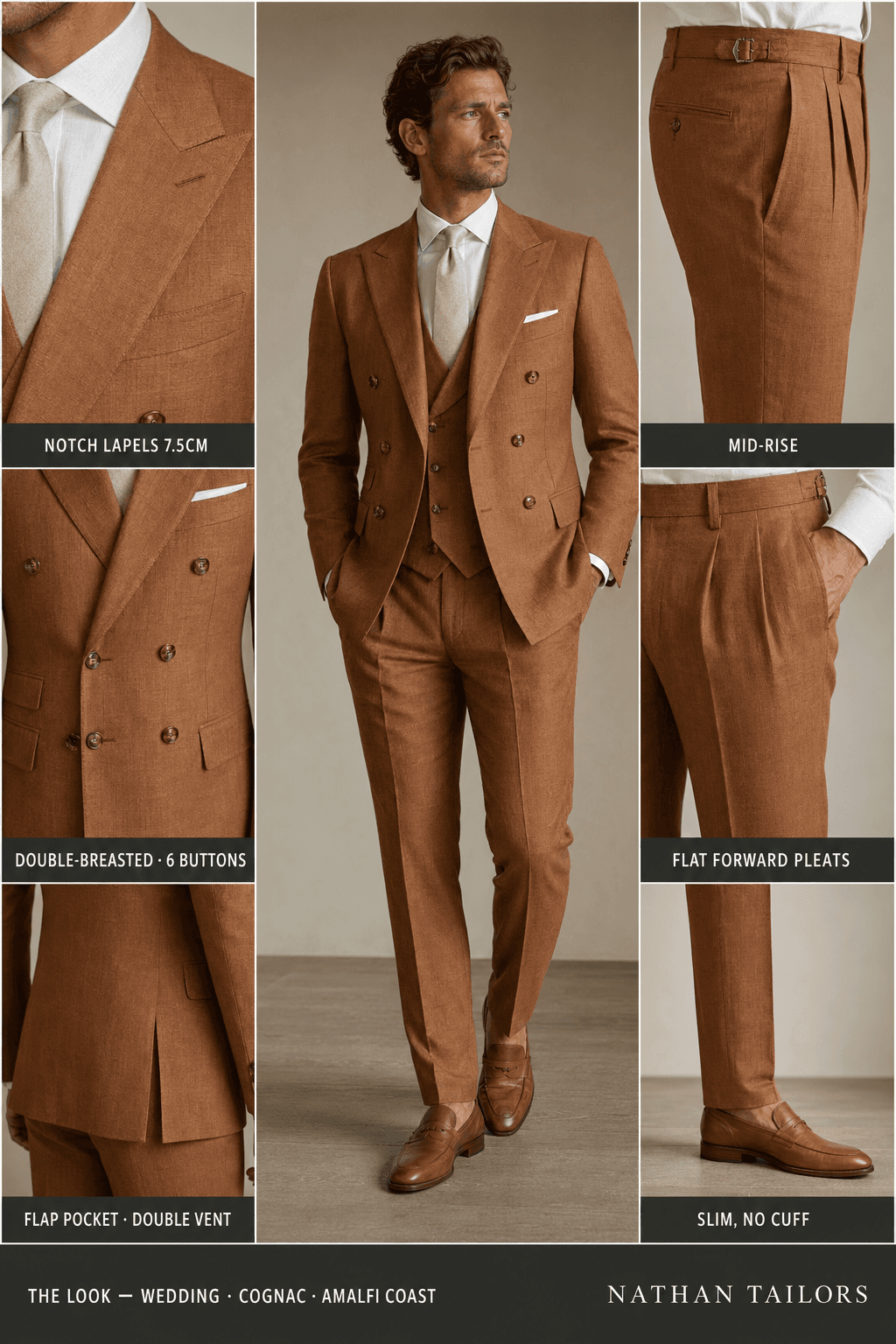 cognac double-breasted notch-lapel online custom suit — designed online at RemoteSuit. Made-to-measure online custom suit available from $129.
