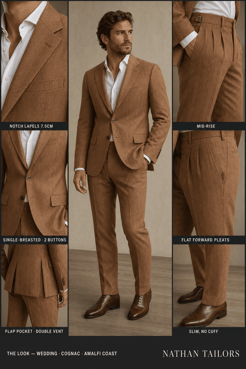 cognac herringbone single-breasted notch-lapel online custom suit — designed online at RemoteSuit. Made-to-measure online custom suit available from $109.
