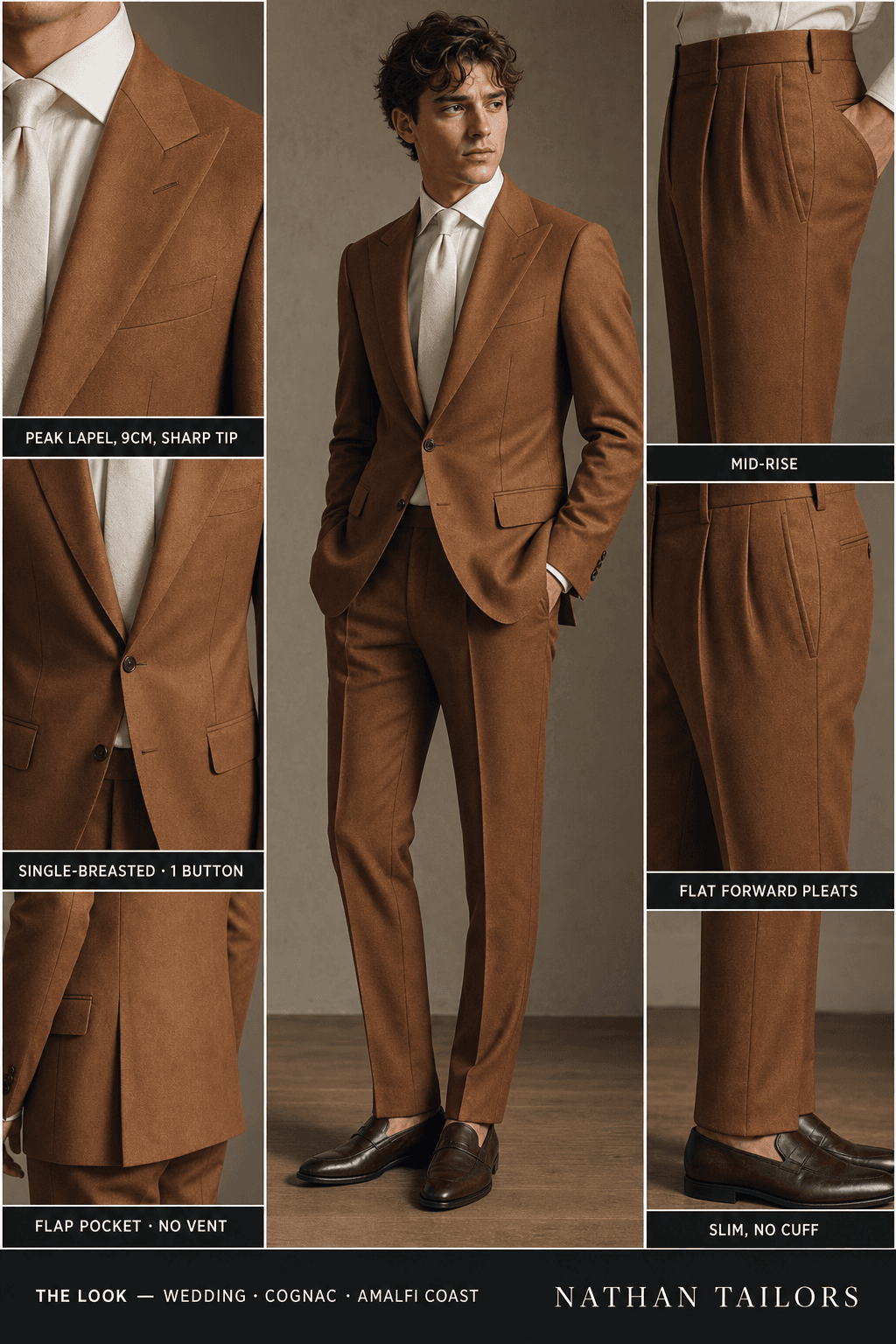 cognac single-breasted notch-lapel online custom suit — designed online at RemoteSuit. Made-to-measure online custom suit available from $129.