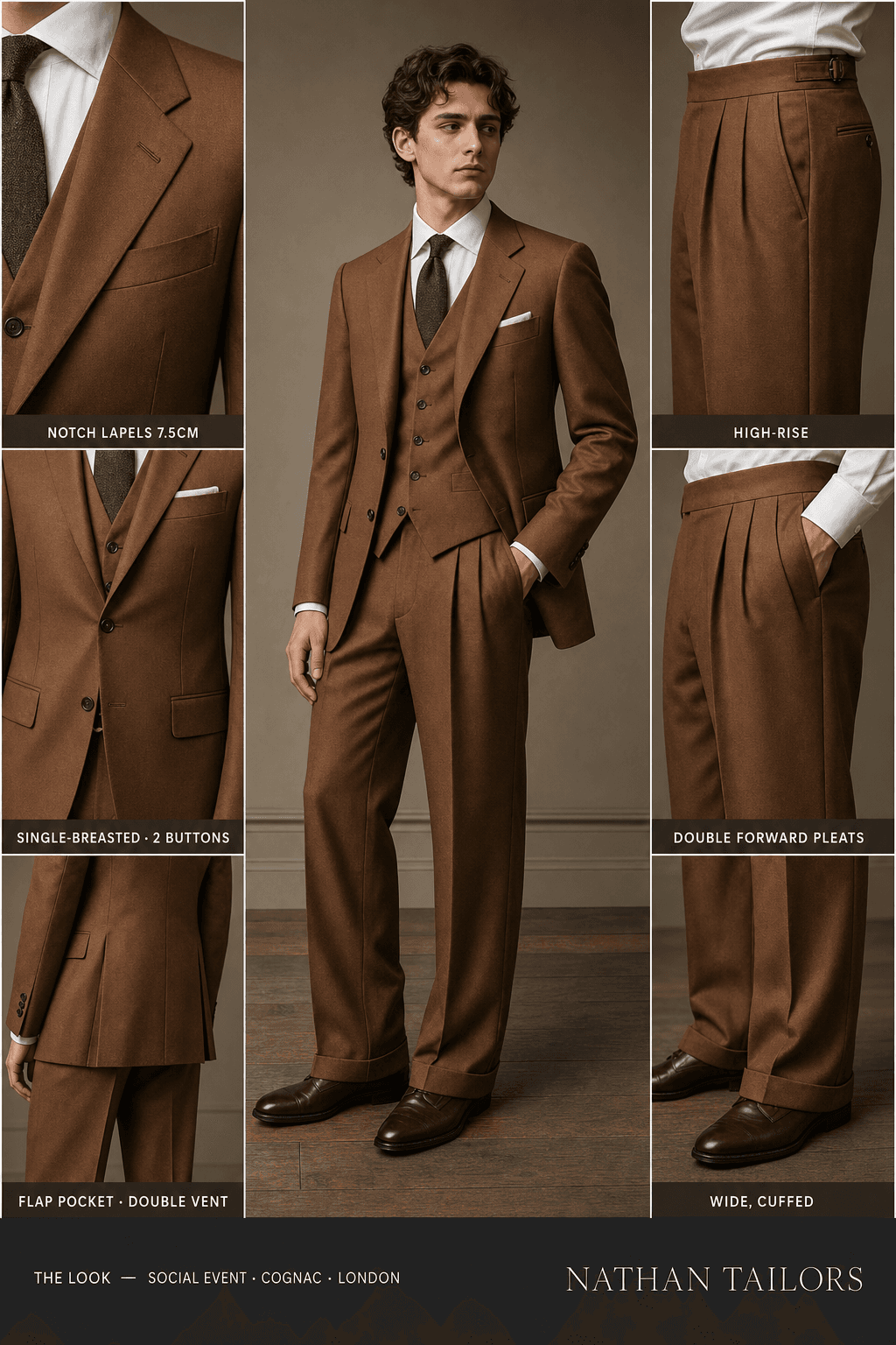 cognac single-breasted notch-lapel online custom suit — designed online at RemoteSuit. Made-to-measure online custom suit available from $149.
