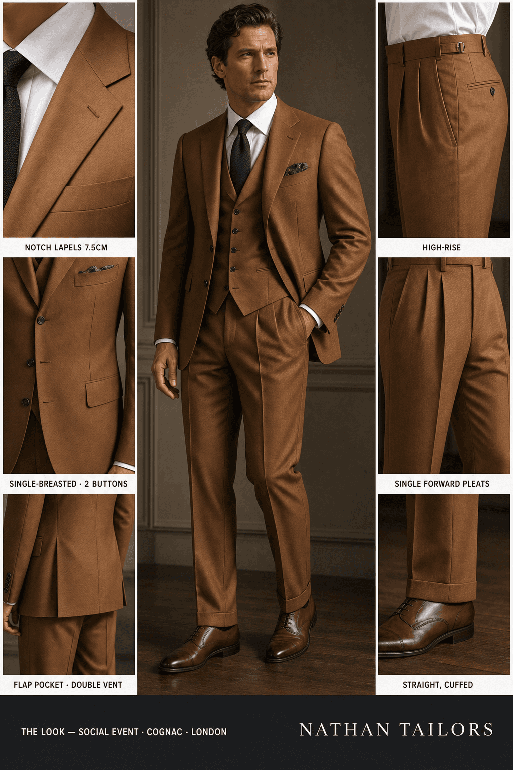 cognac single-breasted notch-lapel online custom suit — designed online at RemoteSuit. Made-to-measure online custom suit available from $129.