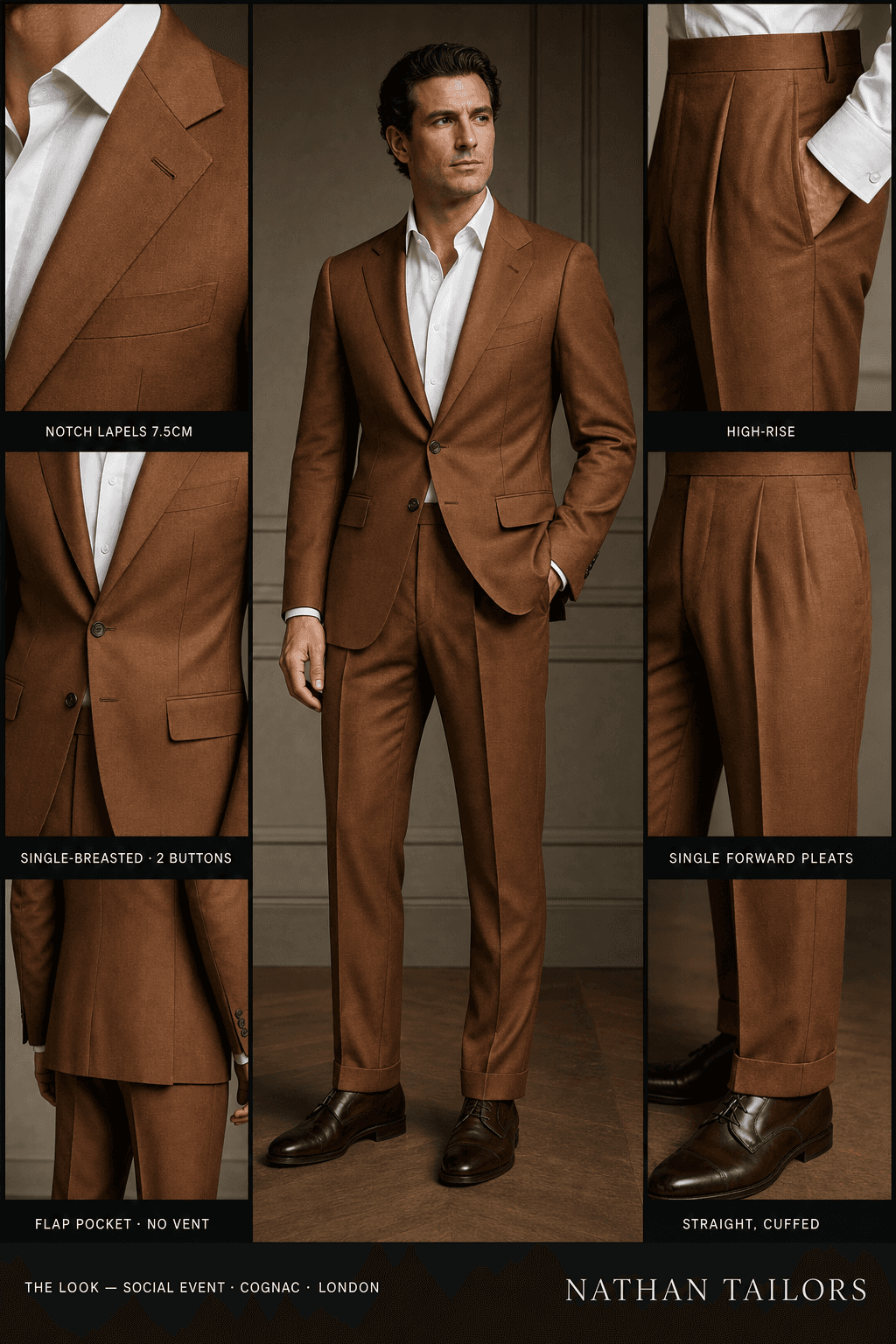 cognac single-breasted notch-lapel online custom suit — designed online at RemoteSuit. Made-to-measure online custom suit available from $129.