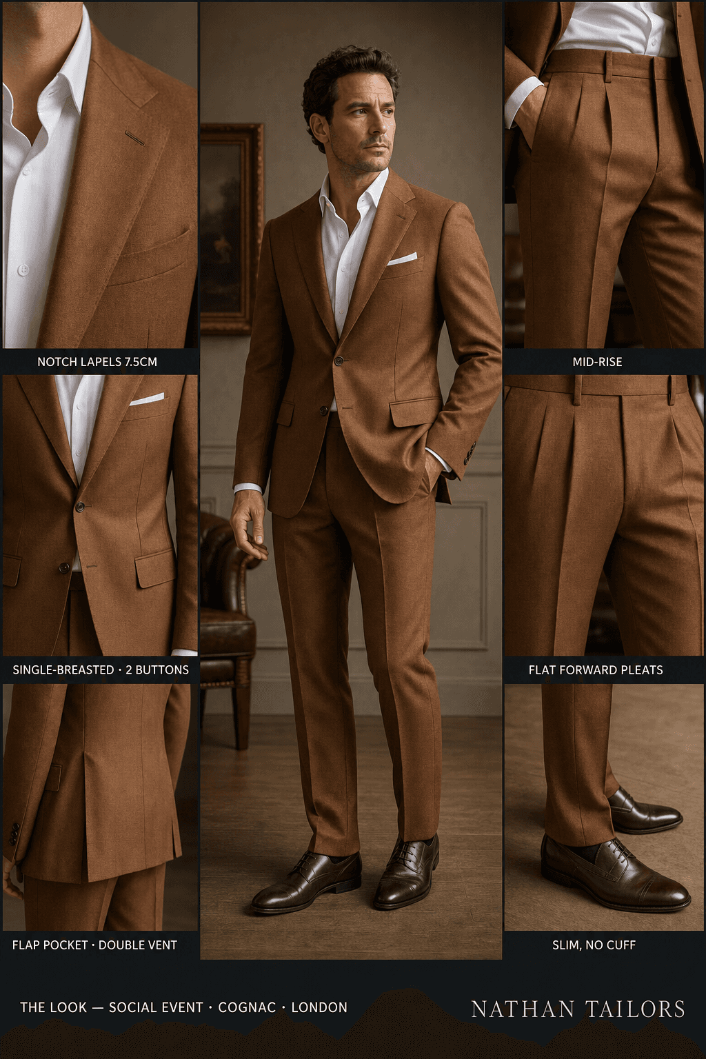 cognac single-breasted notch-lapel online custom suit — designed online at RemoteSuit. Made-to-measure online custom suit available from $149.