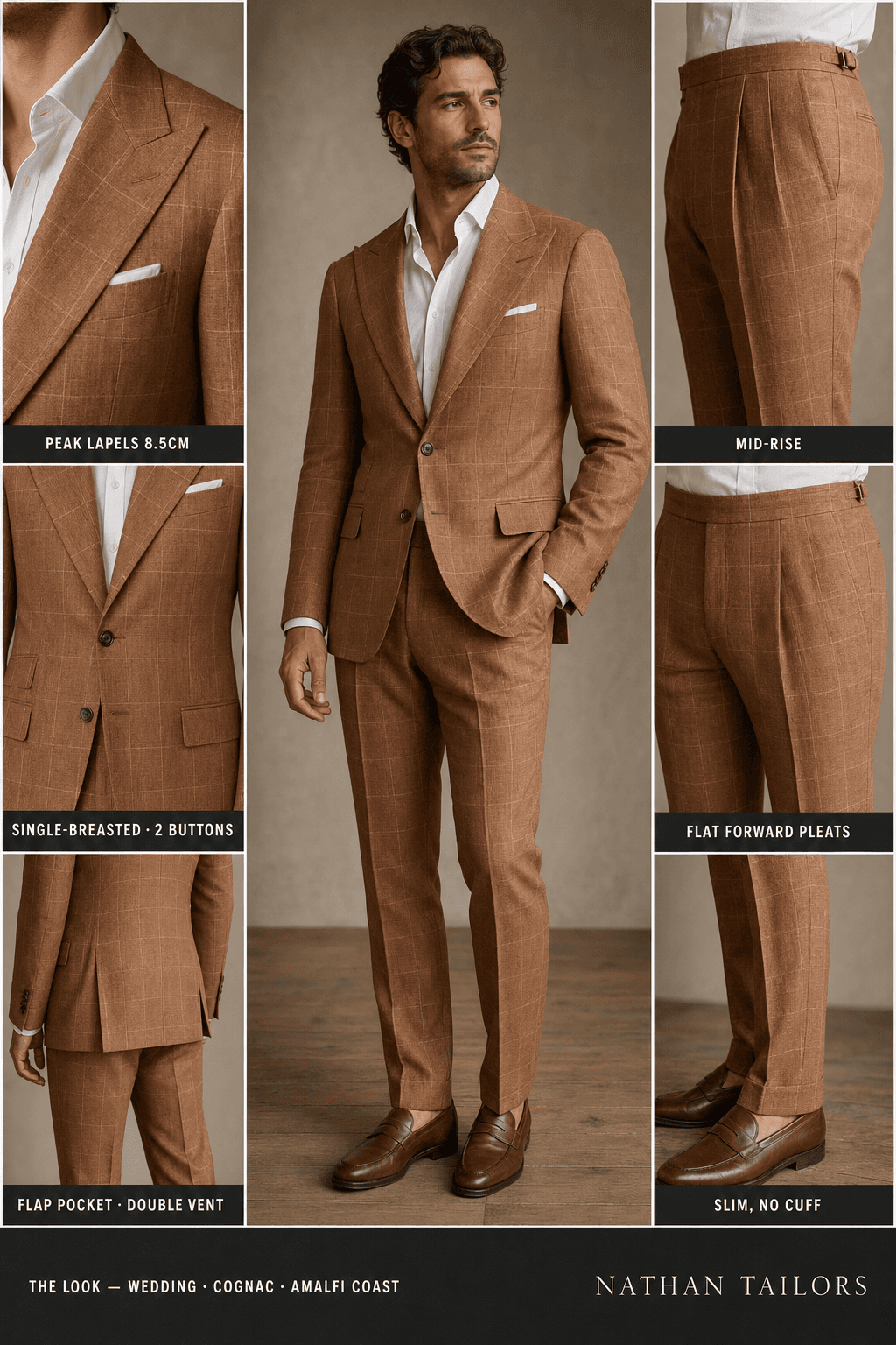 cognac windowpane single-breasted peak-lapel online custom suit — designed online at RemoteSuit. Made-to-measure online custom suit available from $109.