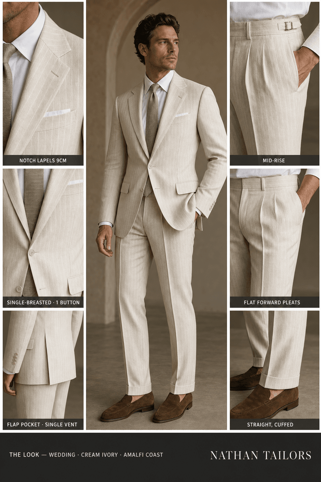 cream ivory chalk stripe single-breasted notch-lapel online custom suit — designed online at RemoteSuit. Made-to-measure online custom suit available from $129.