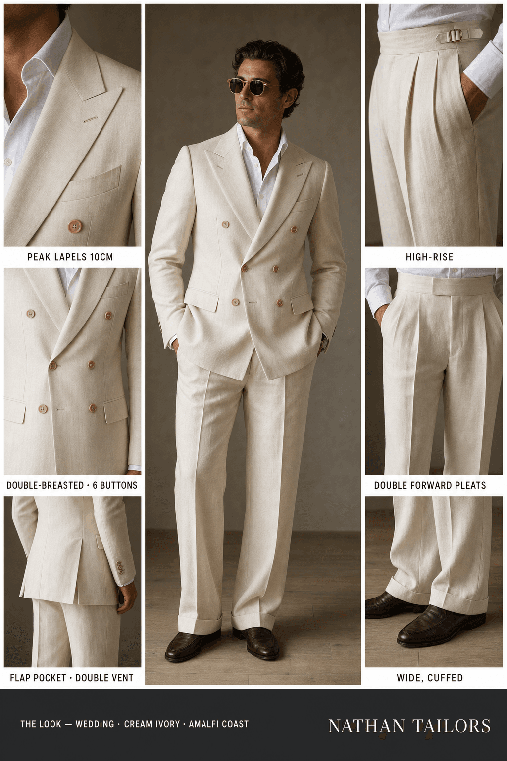 cream ivory double-breasted peak-lapel online custom suit — designed online at RemoteSuit. Made-to-measure online custom suit available from $129.
