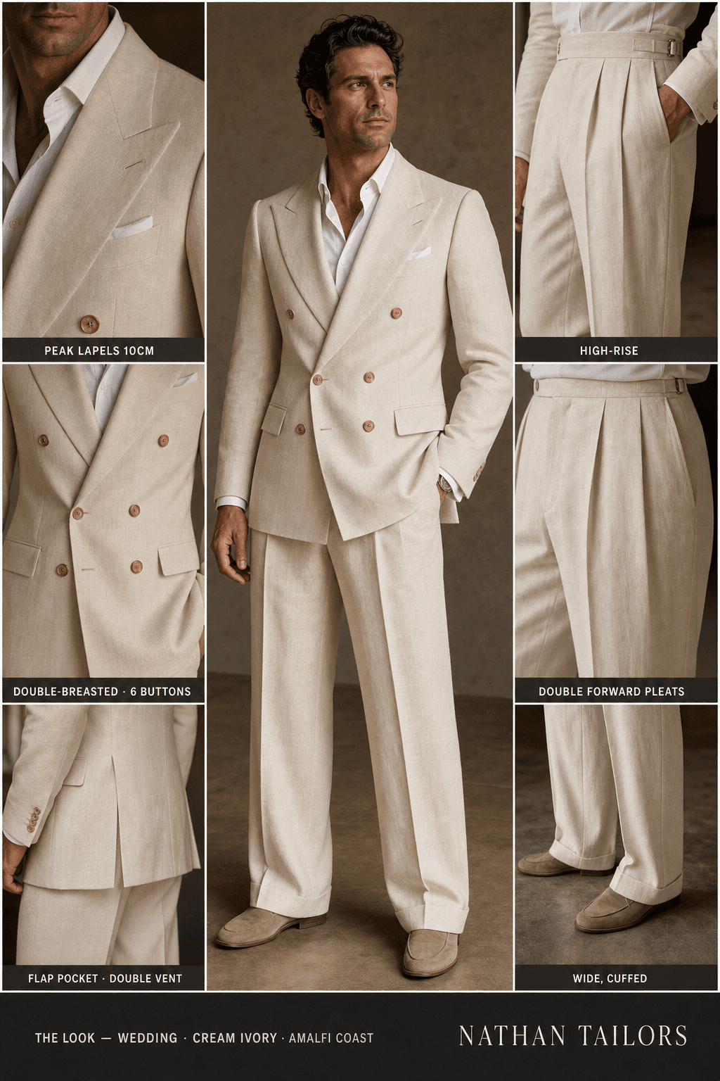 cream ivory double-breasted peak-lapel online custom suit — designed online at RemoteSuit. Made-to-measure online custom suit available from $129.