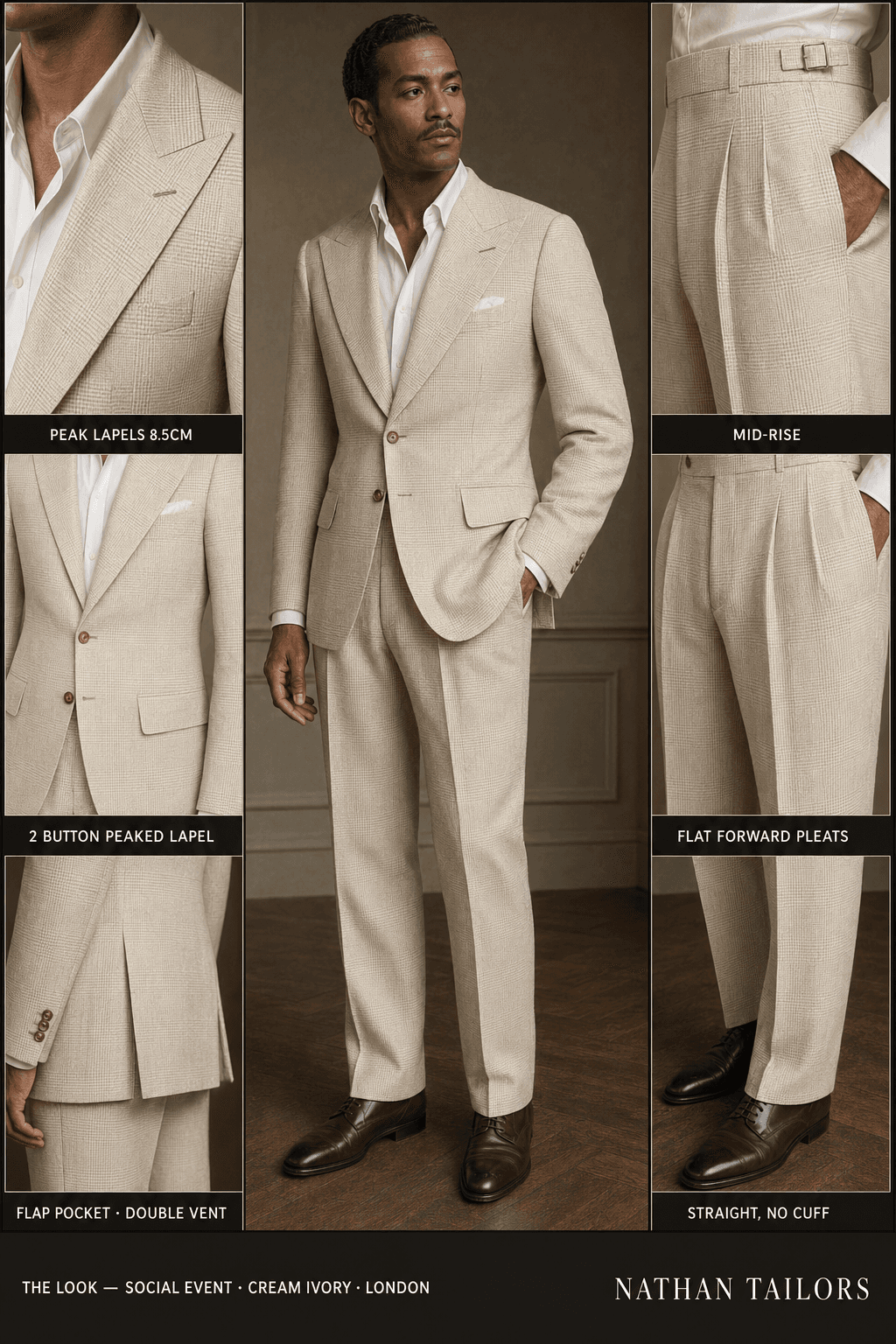 cream ivory glen plaid single-breasted peak-lapel online custom suit — designed online at RemoteSuit. Made-to-measure online custom suit available from $109.