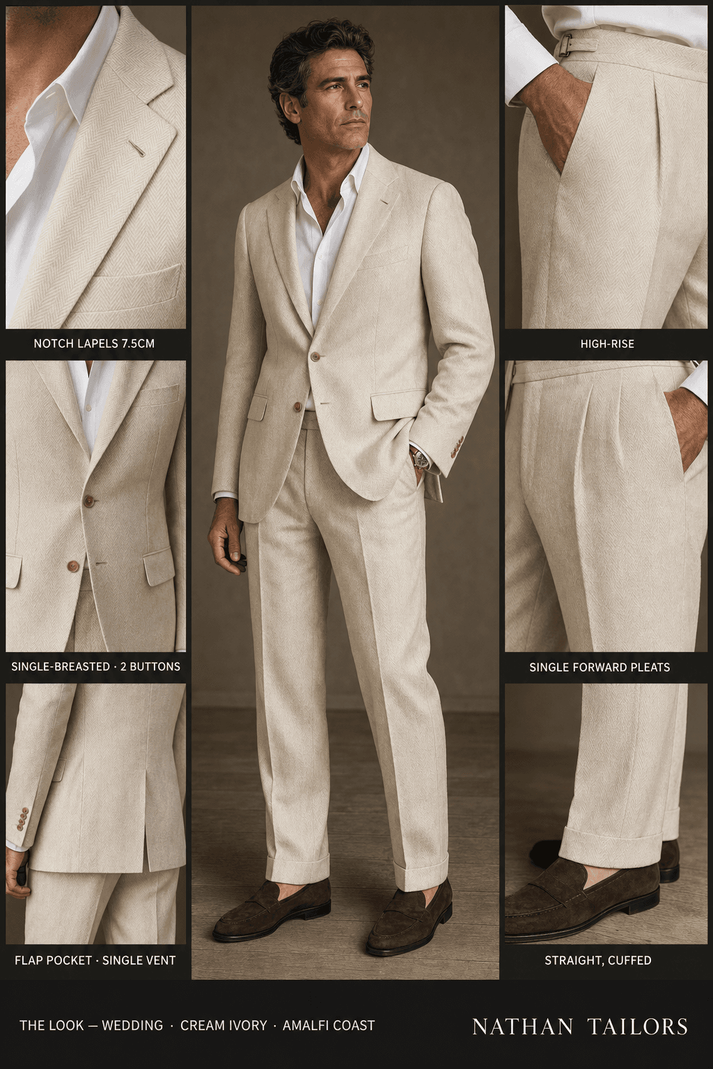 cream ivory herringbone single-breasted notch-lapel online custom suit — designed online at RemoteSuit. Made-to-measure online custom suit available from $149.