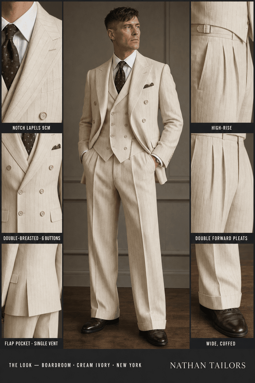 cream ivory pinstripe double-breasted notch-lapel online custom suit — designed online at RemoteSuit. Made-to-measure online custom suit available from $149.