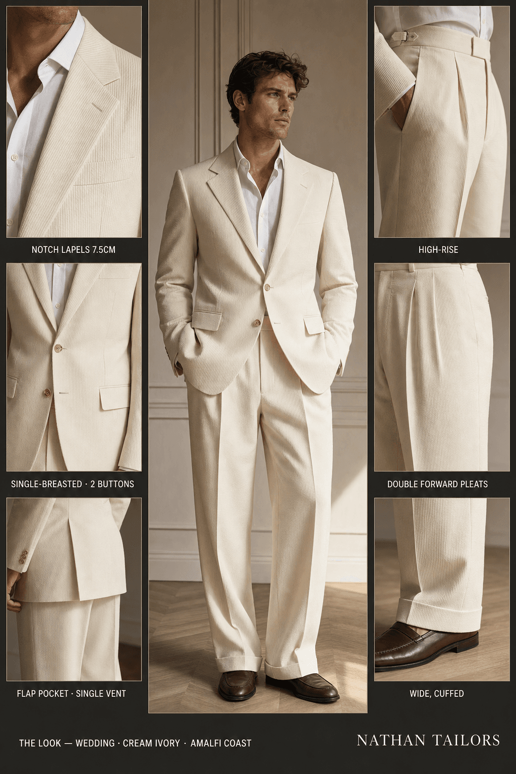 cream ivory single-breasted notch-lapel online custom suit — designed online at RemoteSuit. Made-to-measure online custom suit available from $129.
