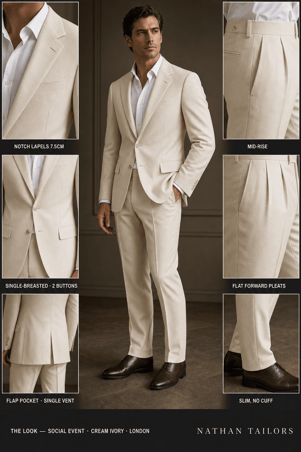 cream ivory single-breasted notch-lapel online custom suit — designed online at RemoteSuit. Made-to-measure online custom suit available from $149.
