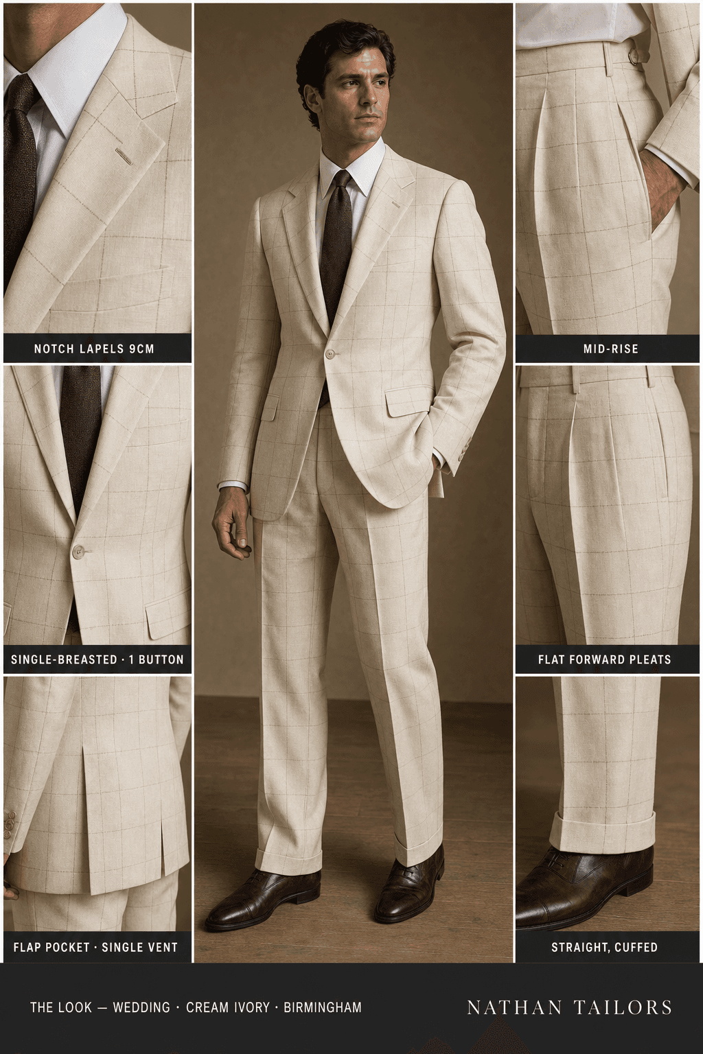 cream ivory windowpane single-breasted notch-lapel online custom suit — designed online at RemoteSuit. Made-to-measure online custom suit available from $129.