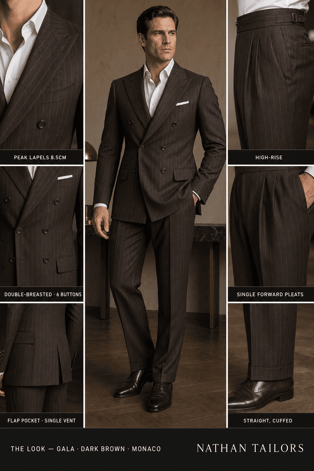 Dark brown chalk stripe double-breasted peak-lapel online custom suit — designed online at RemoteSuit. Made-to-measure online custom suit available from $109.
