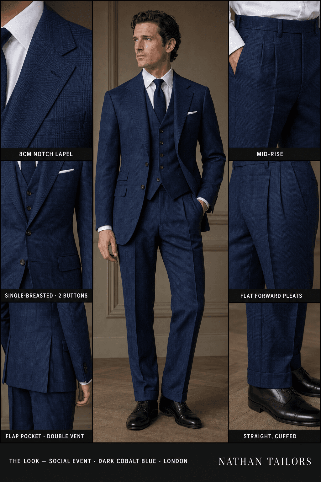 Dark cobalt blue glen plaid single-breasted notch-lapel online custom suit — designed online at RemoteSuit. Made-to-measure online custom suit available from $129.