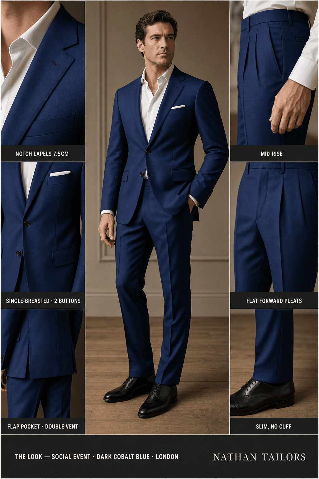 Dark cobalt blue single-breasted notch-lapel online custom suit — designed online at RemoteSuit. Made-to-measure online custom suit available from $129.