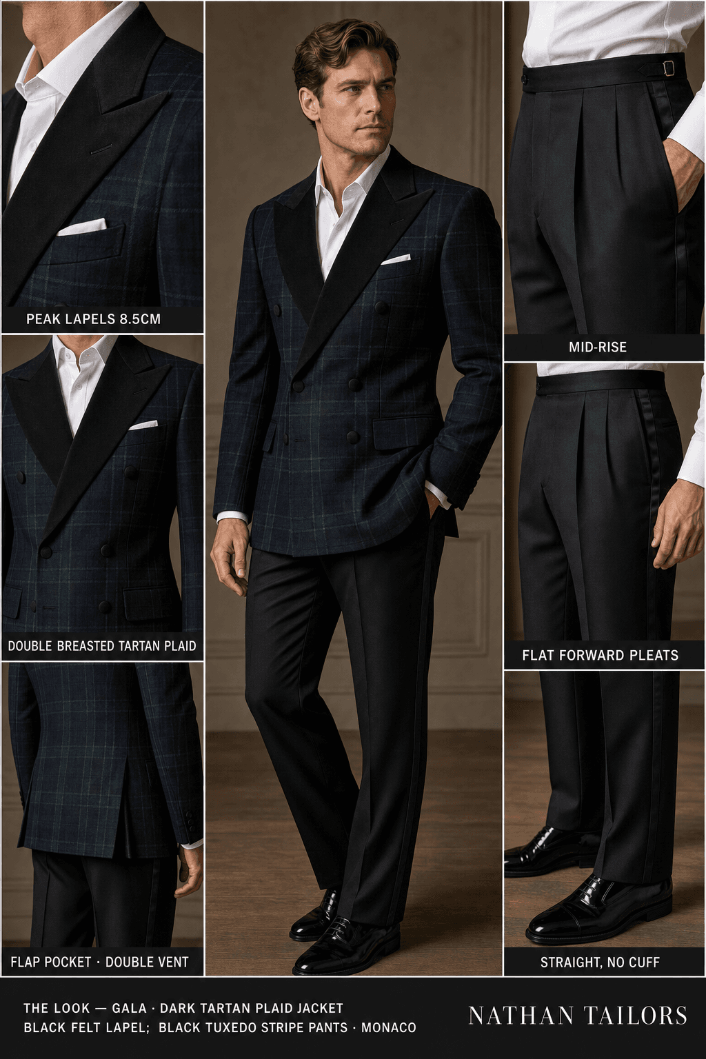 Dark Tartan plaid jacket black felt lapel; black tuxedo stripe pants single-breasted peak-lapel online custom suit — designed online at RemoteSuit. Made-to-measure online custom suit available from $129.