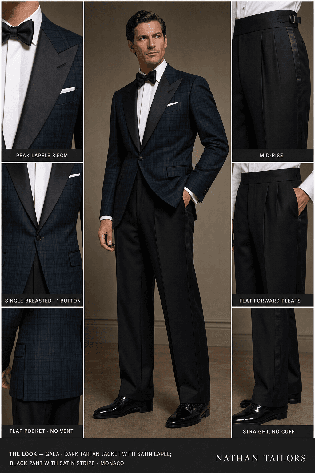 Dark tartan jacket with satin lapel; black pant with satin stripe single-breasted peak-lapel online custom suit — designed online at RemoteSuit. Made-to-measure online custom suit available from $129.