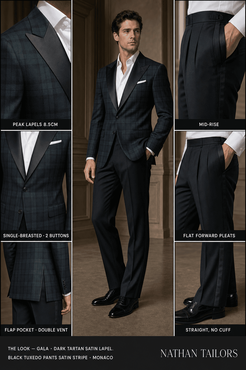 Dark tartan satin lapel. Black tuxedo pants satin stripe single-breasted peak-lapel online custom suit — designed online at RemoteSuit. Made-to-measure online custom suit available from $129.