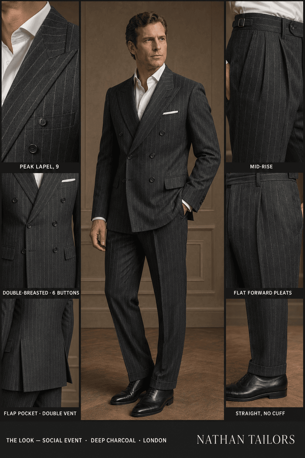 deep charcoal chalk stripe double-breasted notch-lapel online custom suit — designed online at RemoteSuit. Made-to-measure online custom suit available from $129.