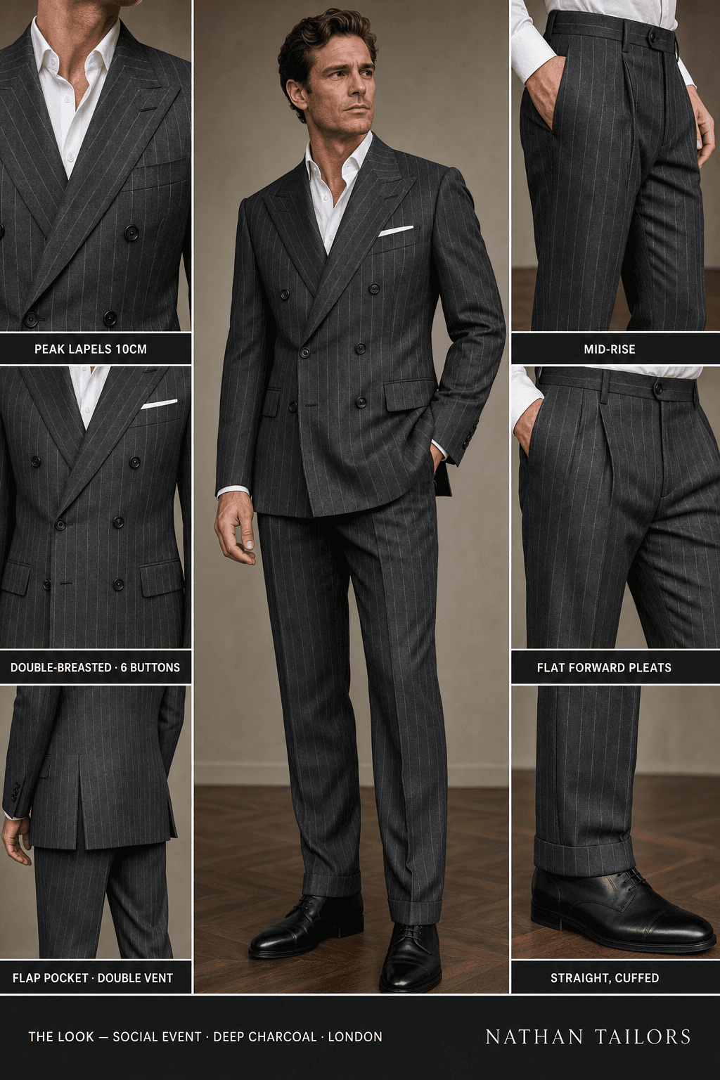 deep charcoal chalk stripe double-breasted peak-lapel online custom suit — designed online at RemoteSuit. Made-to-measure online custom suit available from $129.