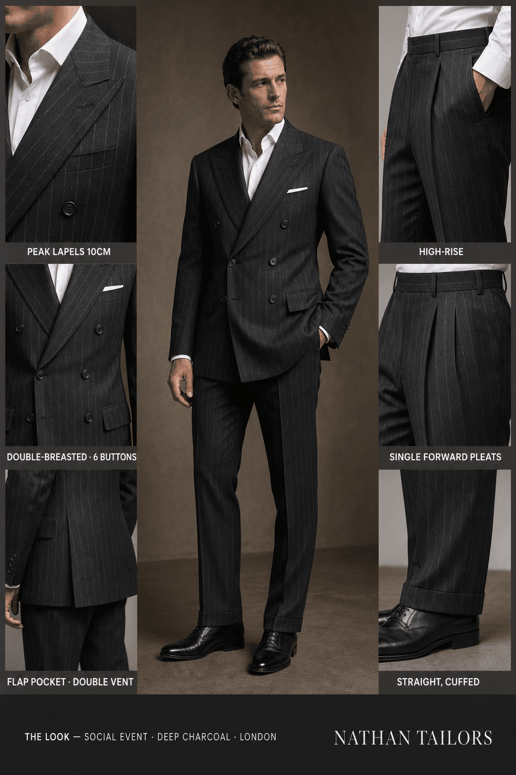 deep charcoal chalk stripe double-breasted peak-lapel online custom suit — designed online at RemoteSuit. Made-to-measure online custom suit available from $129.