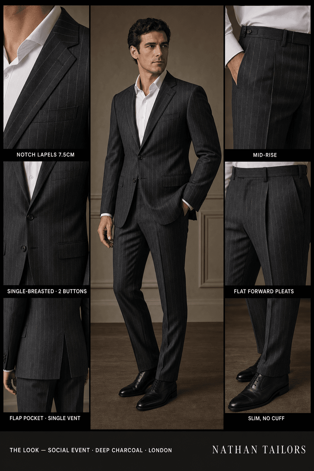 deep charcoal chalk stripe single-breasted notch-lapel online custom suit — designed online at RemoteSuit. Made-to-measure online custom suit available from $129.
