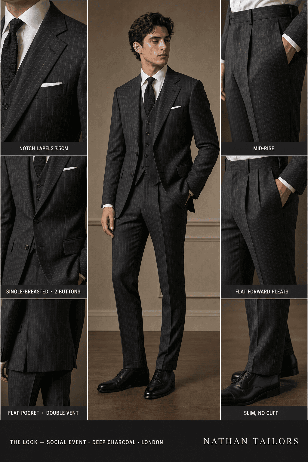 deep charcoal chalk stripe single-breasted notch-lapel online custom suit — designed online at RemoteSuit. Made-to-measure online custom suit available from $129.