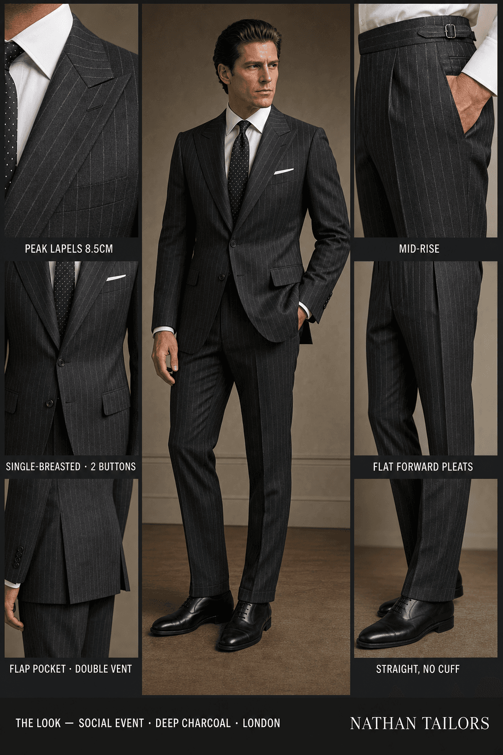 deep charcoal chalk stripe single-breasted peak-lapel online custom suit — designed online at RemoteSuit. Made-to-measure online custom suit available from $129.