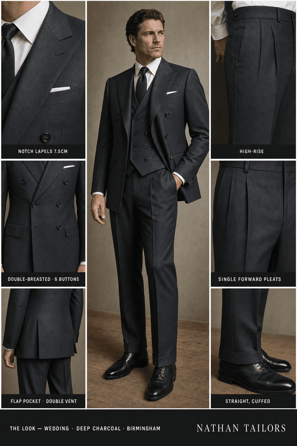 deep charcoal double-breasted notch-lapel online custom suit — designed online at RemoteSuit. Made-to-measure online custom suit available from $129.