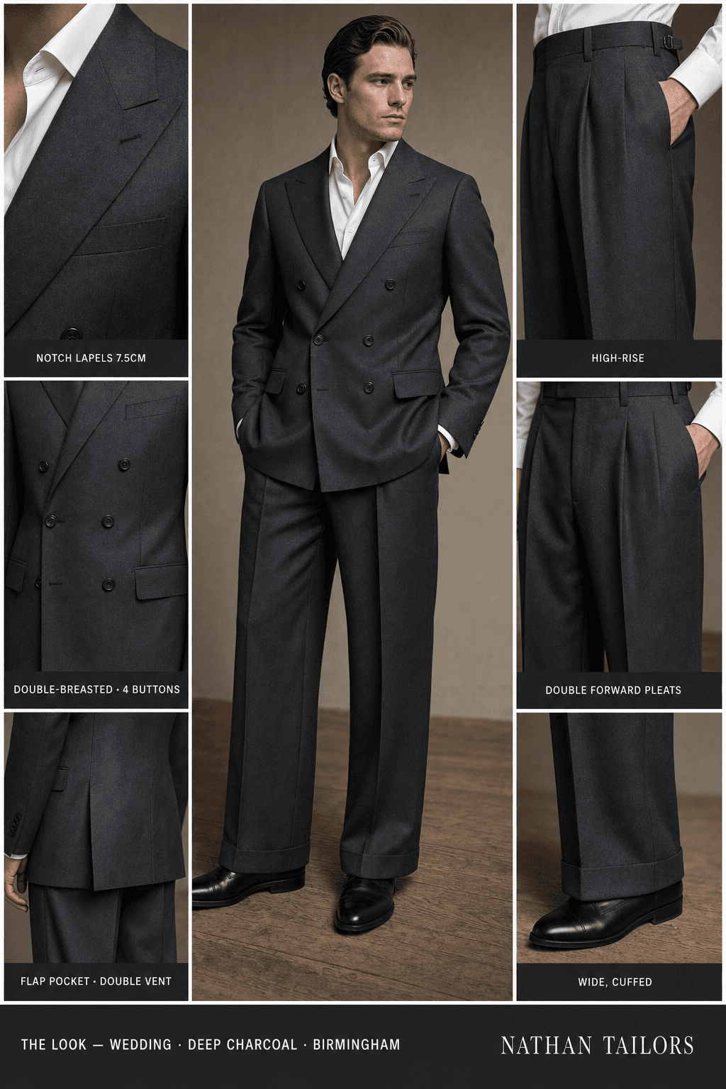 deep charcoal double-breasted notch-lapel online custom suit — designed online at RemoteSuit. Made-to-measure online custom suit available from $149.