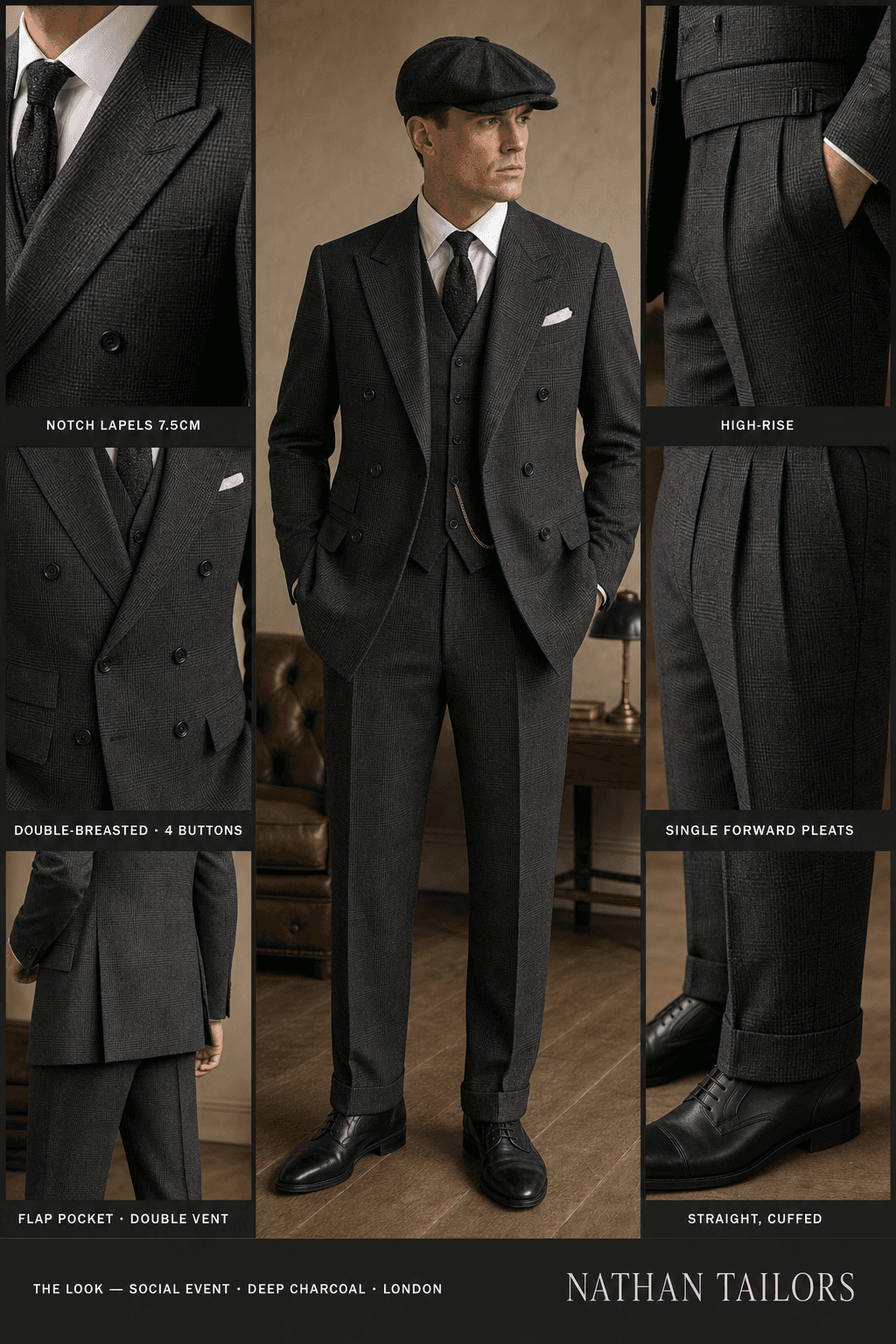 deep charcoal glen plaid double-breasted notch-lapel online custom suit — designed online at RemoteSuit. Made-to-measure online custom suit available from $129.