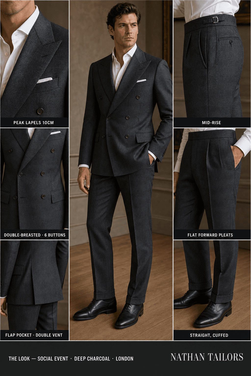 deep charcoal glen plaid double-breasted peak-lapel online custom suit — designed online at RemoteSuit. Made-to-measure online custom suit available from $129.
