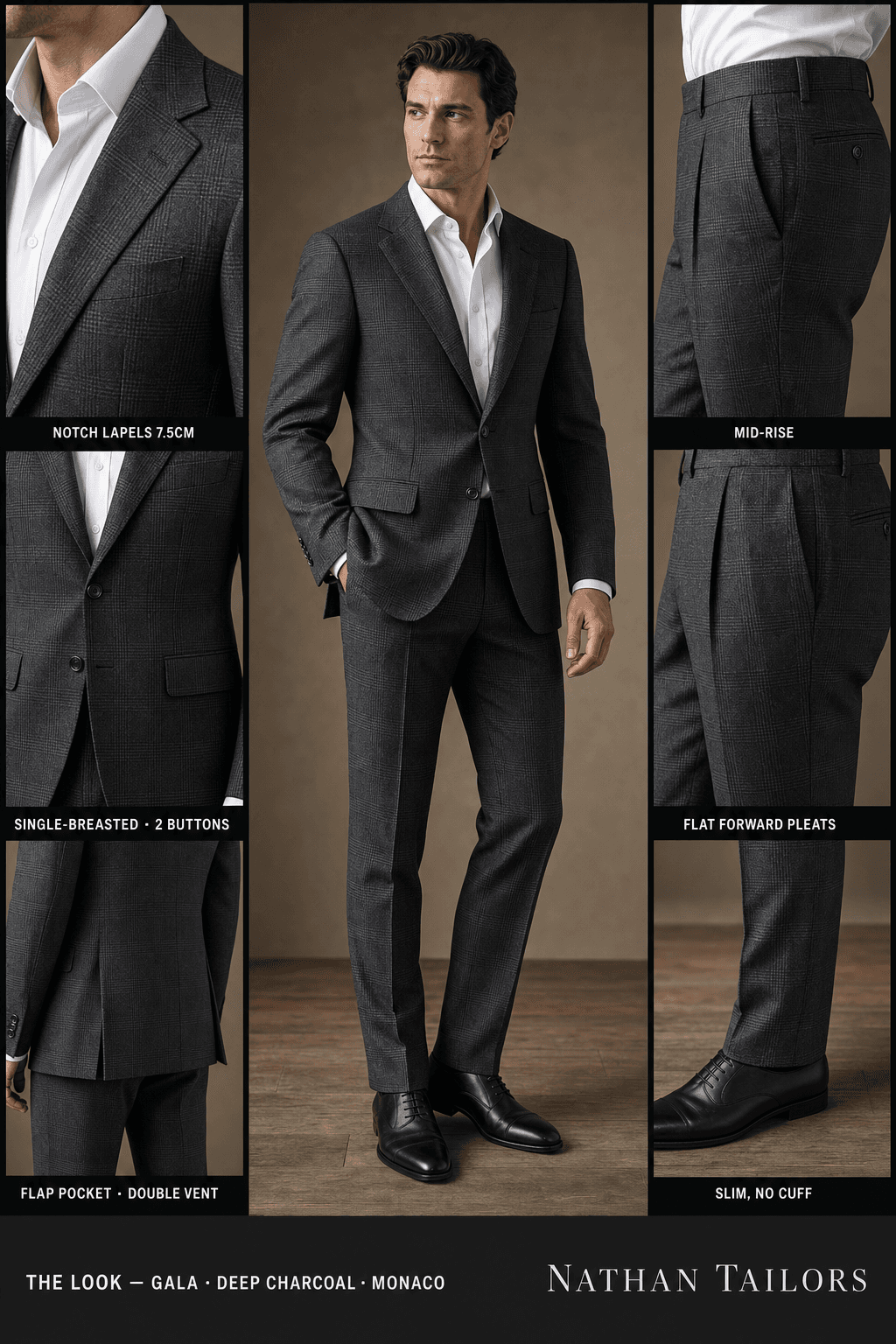 deep charcoal glen plaid single-breasted notch-lapel online custom suit — designed online at RemoteSuit. Made-to-measure online custom suit available from $149.