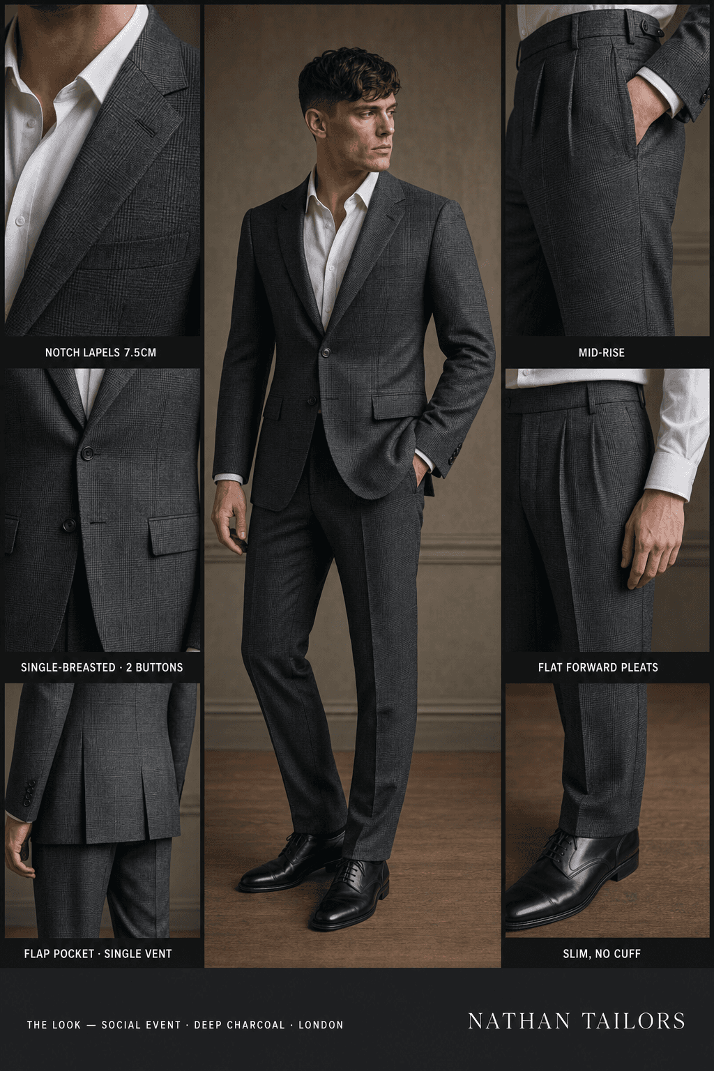 deep charcoal glen plaid single-breasted notch-lapel online custom suit — designed online at RemoteSuit. Made-to-measure online custom suit available from $129.