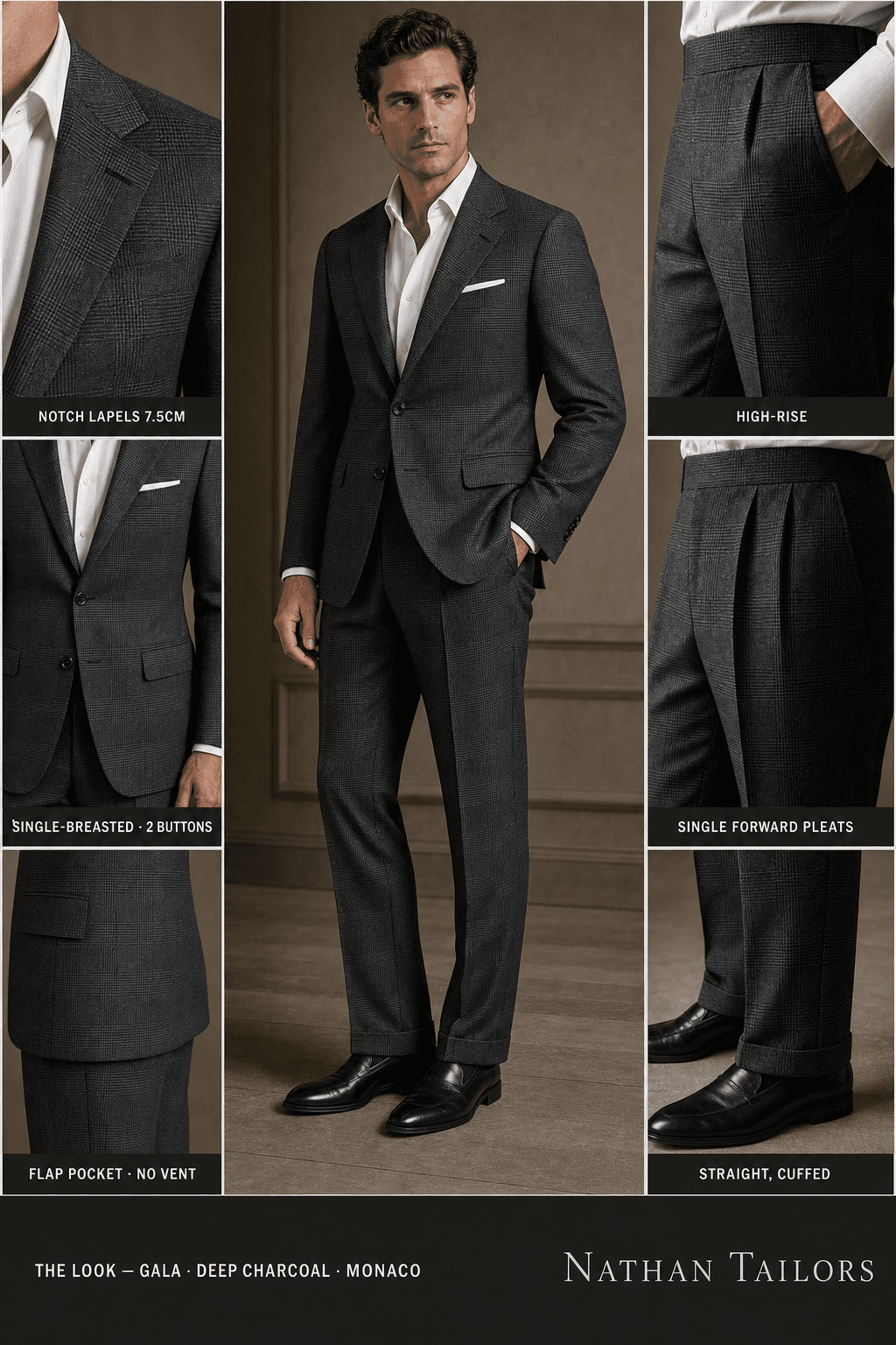 deep charcoal glen plaid single-breasted notch-lapel online custom suit — designed online at RemoteSuit. Made-to-measure online custom suit available from $149.