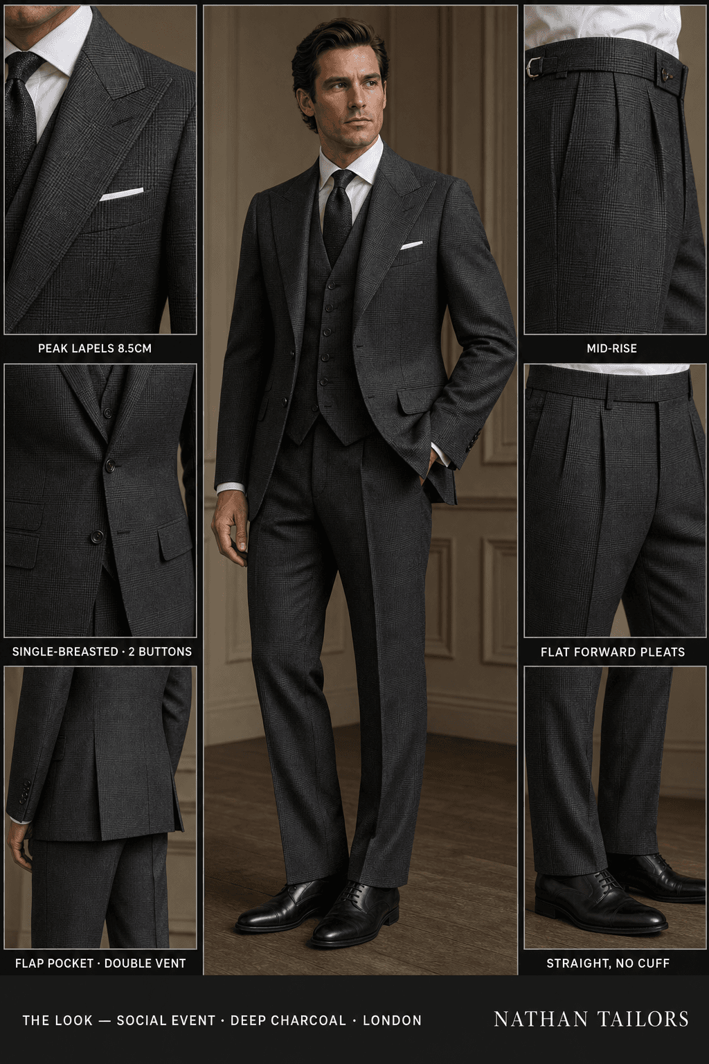 deep charcoal glen plaid single-breasted peak-lapel online custom suit — designed online at RemoteSuit. Made-to-measure online custom suit available from $129.