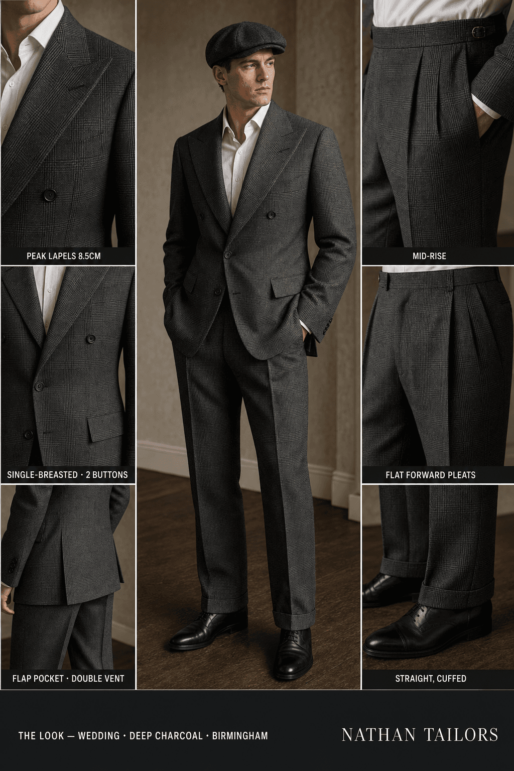 deep charcoal glen plaid single-breasted peak-lapel online custom suit — designed online at RemoteSuit. Made-to-measure online custom suit available from $129.