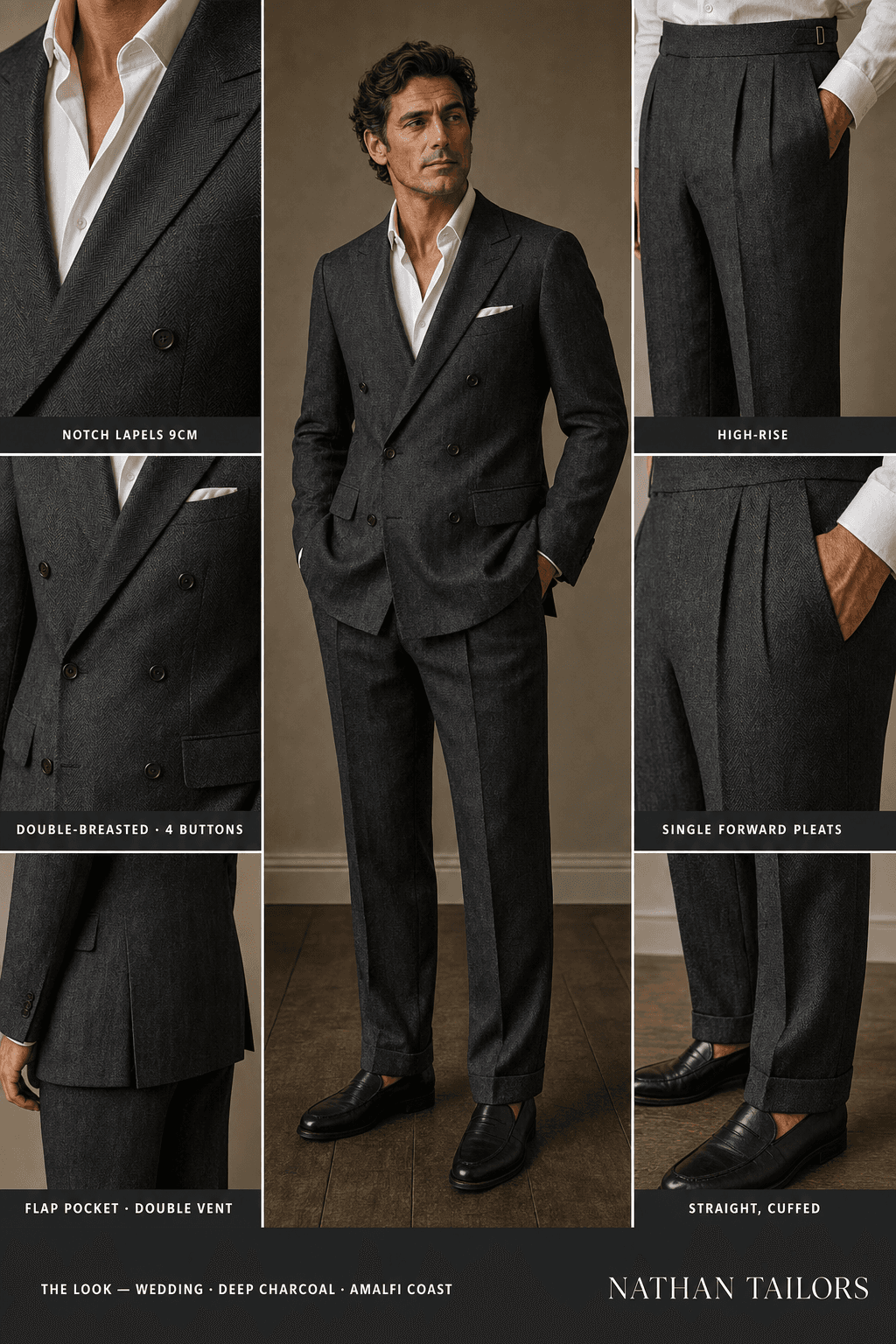 deep charcoal herringbone double-breasted notch-lapel online custom suit — designed online at RemoteSuit. Made-to-measure online custom suit available from $129.