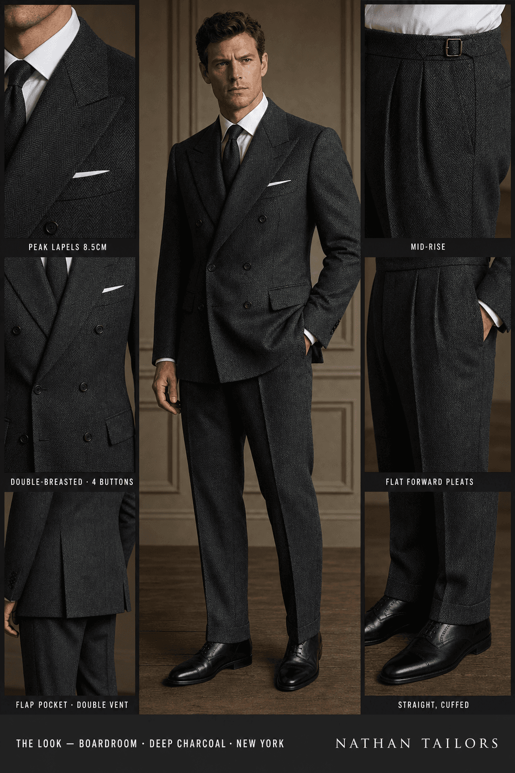 deep charcoal herringbone double-breasted peak-lapel online custom suit — designed online at RemoteSuit. Made-to-measure online custom suit available from $129.