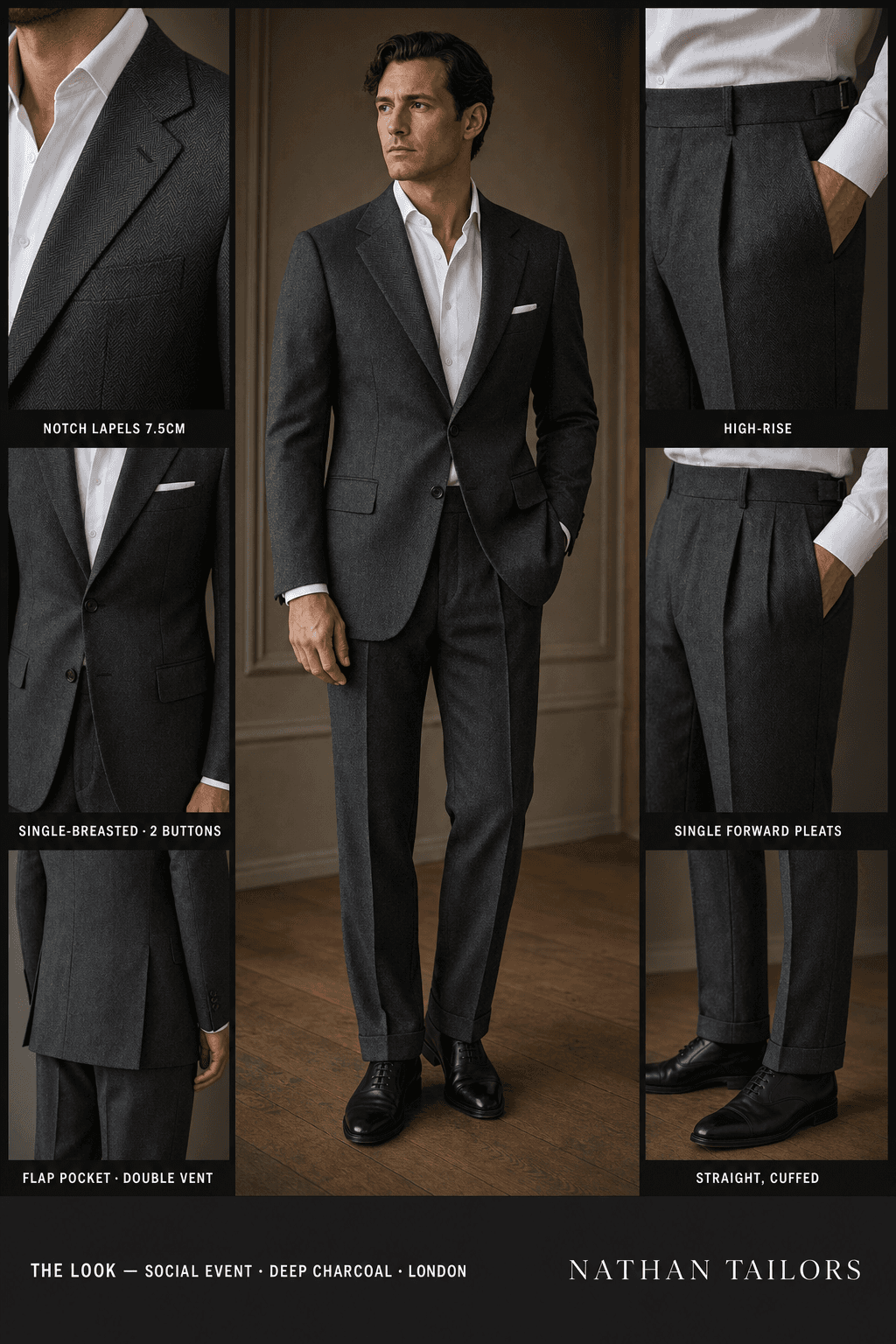 deep charcoal herringbone single-breasted notch-lapel online custom suit — designed online at RemoteSuit. Made-to-measure online custom suit available from $129.