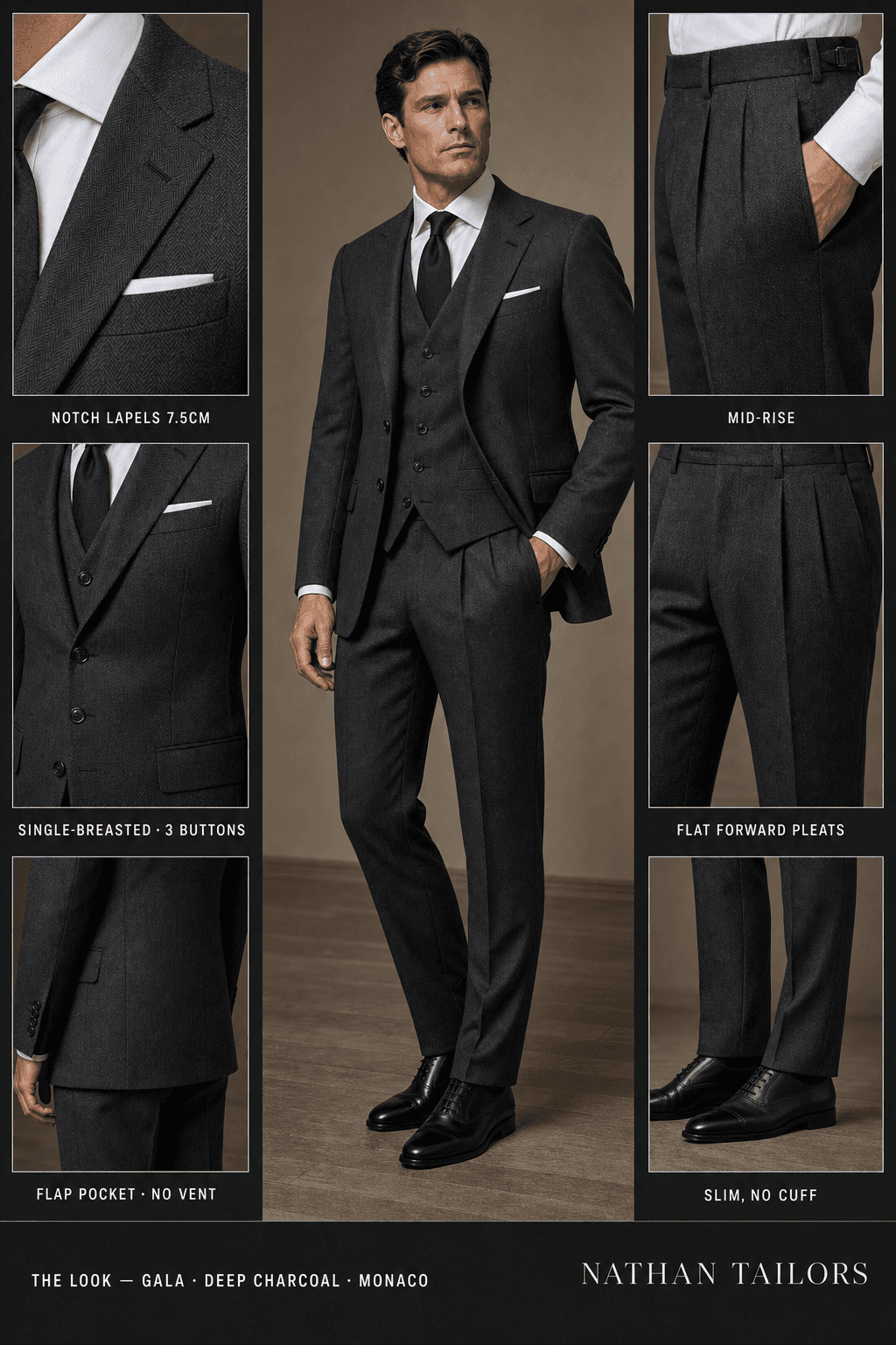 deep charcoal herringbone single-breasted notch-lapel online custom suit — designed online at RemoteSuit. Made-to-measure online custom suit available from $129.