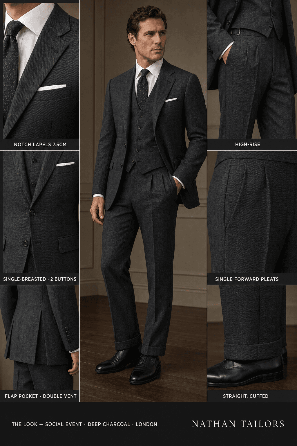 deep charcoal herringbone single-breasted notch-lapel online custom suit — designed online at RemoteSuit. Made-to-measure online custom suit available from $109.