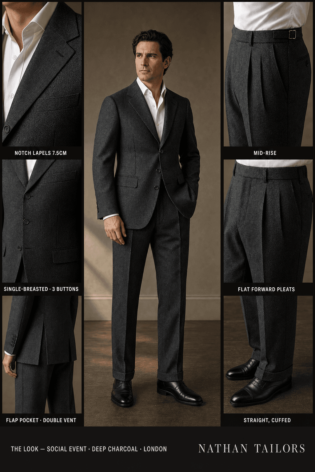 deep charcoal herringbone single-breasted notch-lapel online custom suit — designed online at RemoteSuit. Made-to-measure online custom suit available from $129.