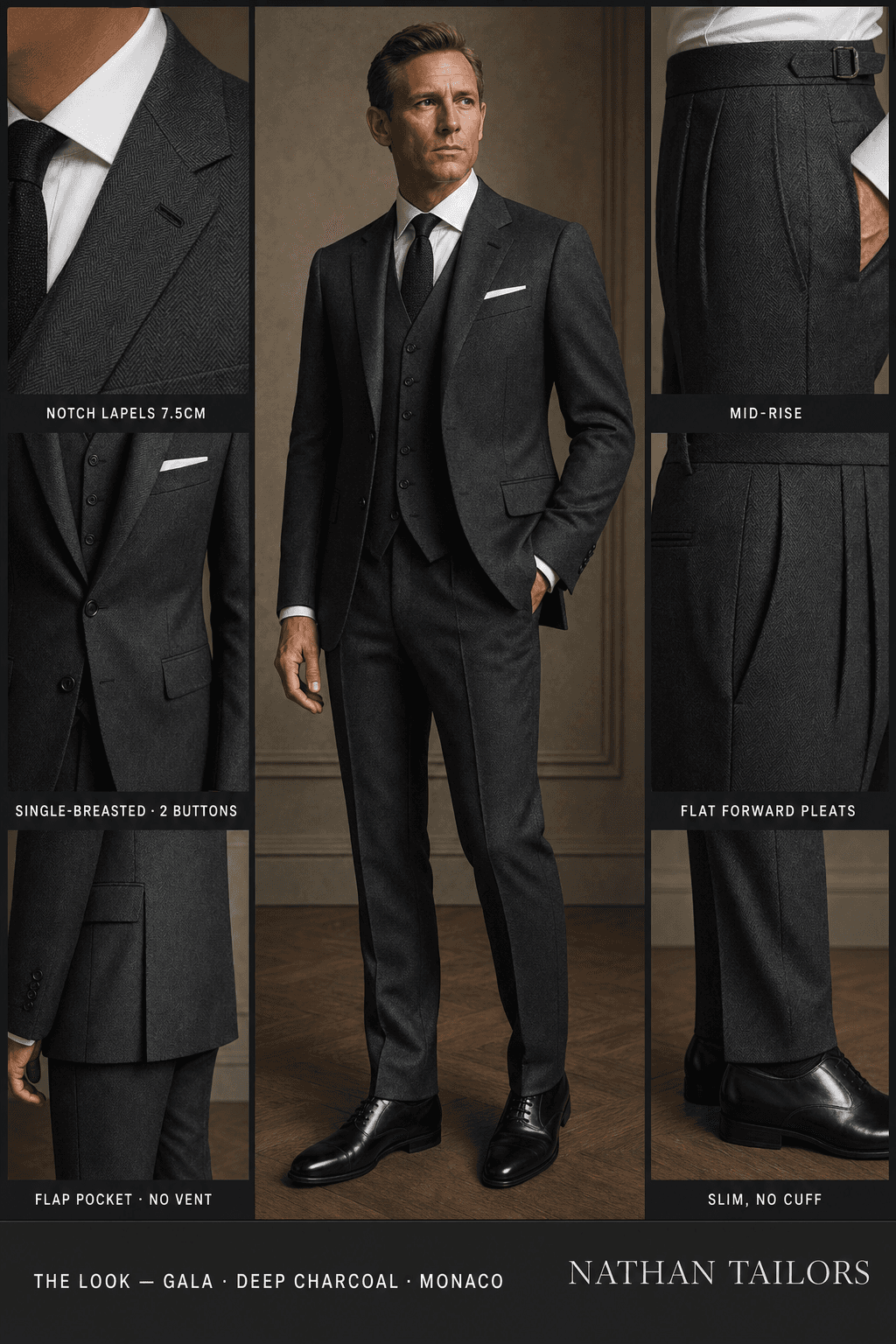 deep charcoal herringbone single-breasted notch-lapel online custom suit — designed online at RemoteSuit. Made-to-measure online custom suit available from $129.