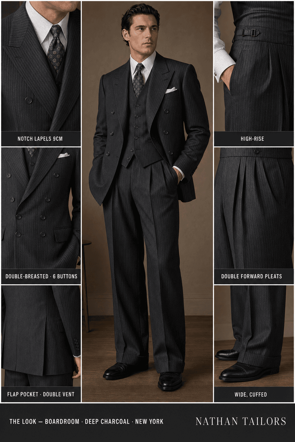 deep charcoal pinstripe double-breasted notch-lapel online custom suit — designed online at RemoteSuit. Made-to-measure online custom suit available from $129.
