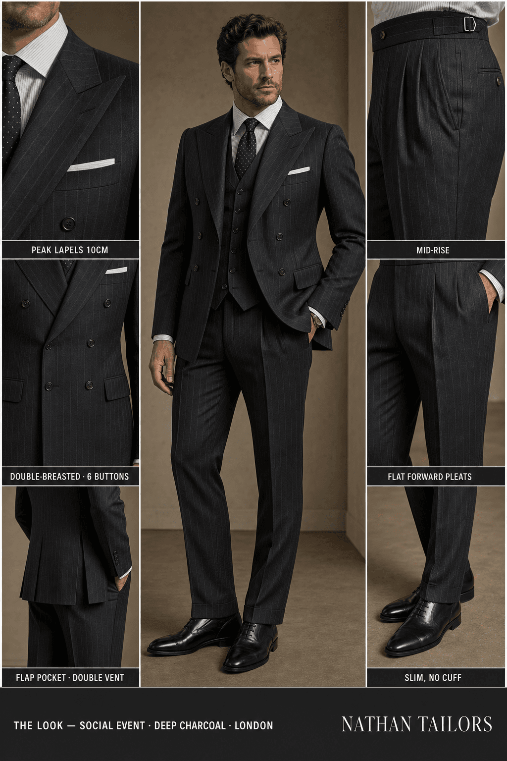 deep charcoal pinstripe double-breasted peak-lapel online custom suit — designed online at RemoteSuit. Made-to-measure online custom suit available from $129.