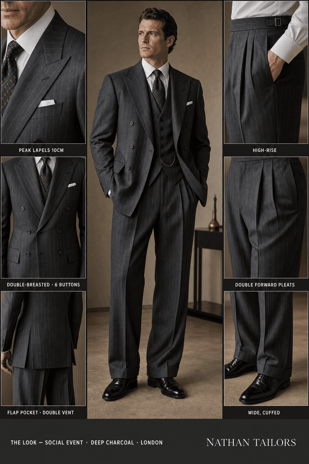 deep charcoal pinstripe double-breasted peak-lapel online custom suit — designed online at RemoteSuit. Made-to-measure online custom suit available from $129.