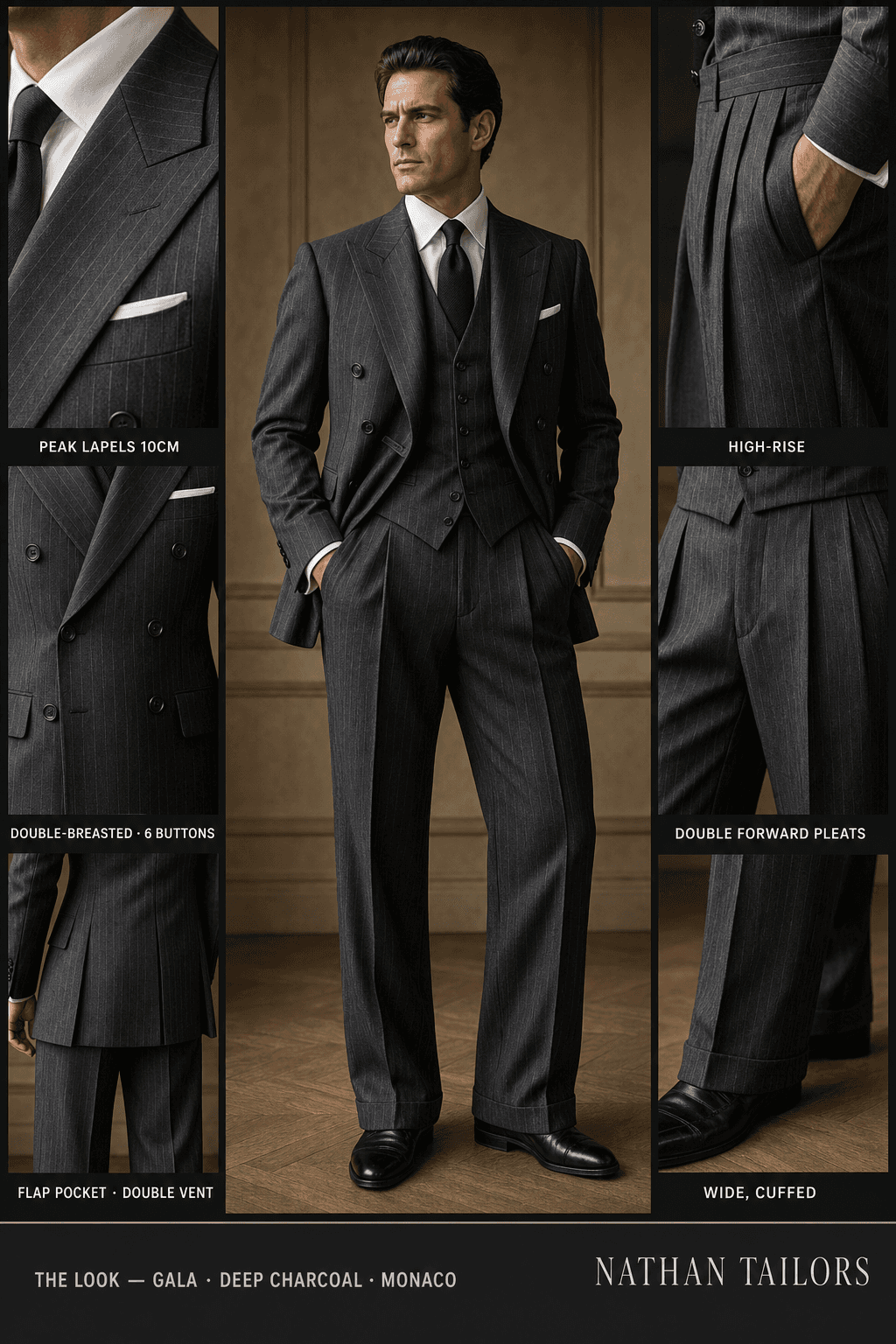 deep charcoal pinstripe double-breasted peak-lapel online custom suit — designed online at RemoteSuit. Made-to-measure online custom suit available from $129.
